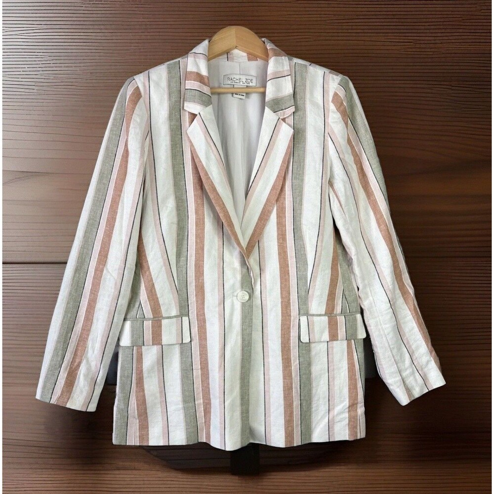 Rachel Zoe Blazer L Linen Blend White Pastel Vertical Stripes Boxy Oversized